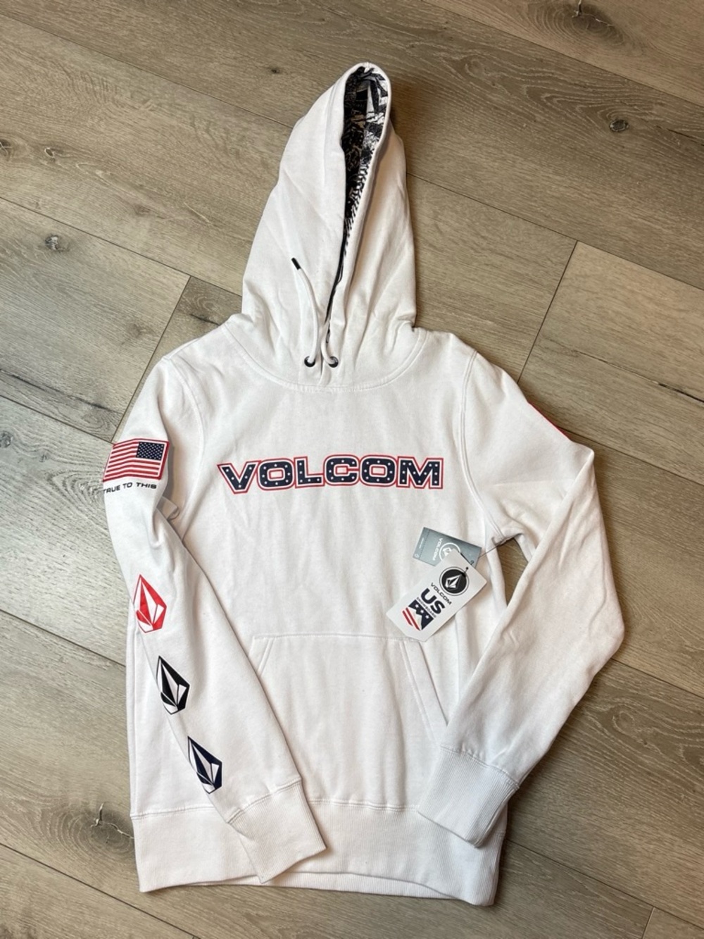 Volcom White Hoodie with Red & Navy Logo Accents